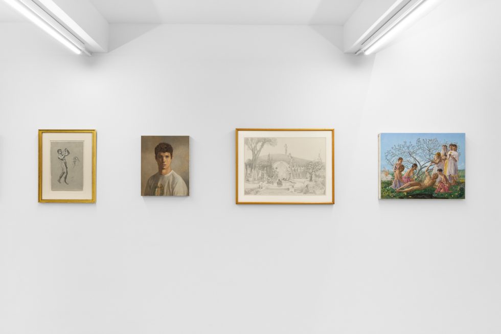 This is an installation image of a painting and drawing exhibition inside a white-walled gallery space.