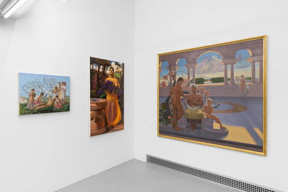 This is an installation image of a painting and drawing exhibition inside a white-walled gallery space.