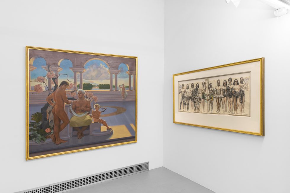 This is an installation image of a painting and drawing exhibition inside a white-walled gallery space.