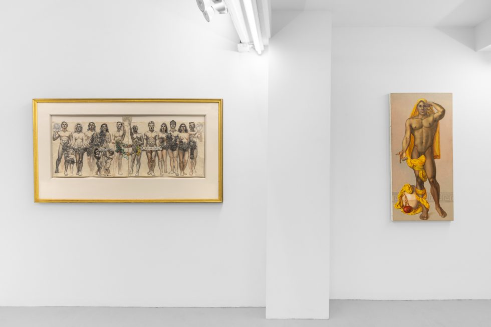 This is an installation image of a painting and drawing exhibition inside a white-walled gallery space.