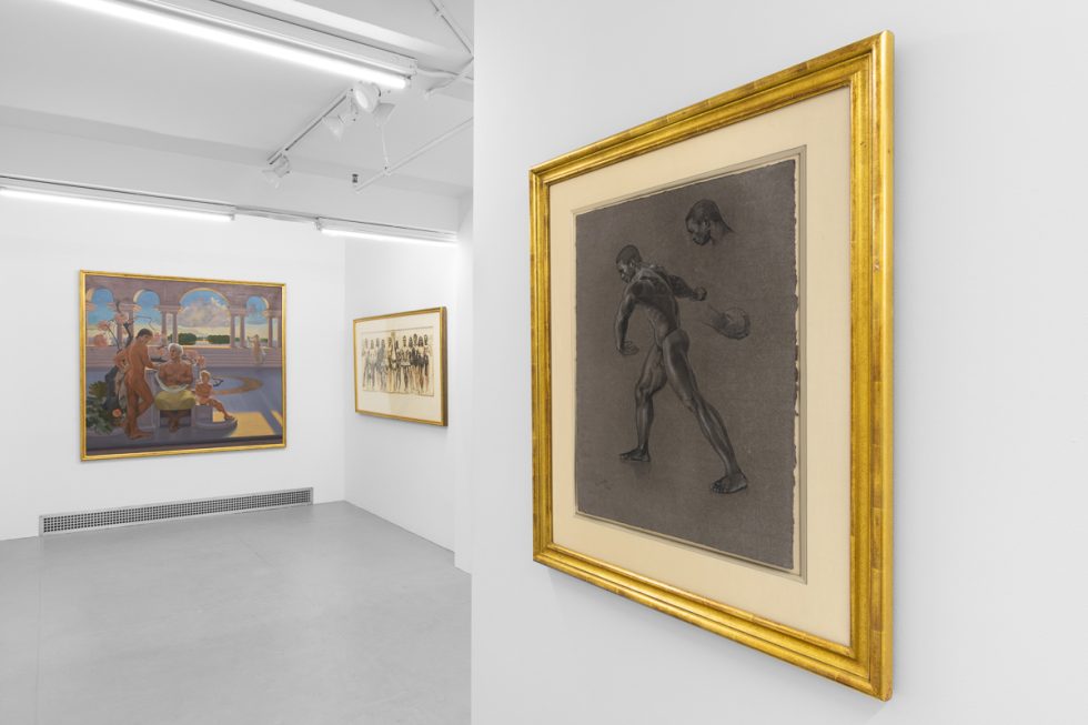 This is an installation image of a painting and drawing exhibition inside a white-walled gallery space.