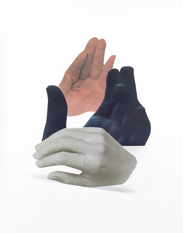 This is an image of a photographic collage of various hands with drop shadows on a white background.
