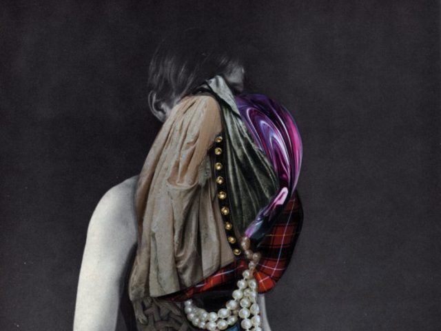 This image appears to be a mixed-media artwork that combines photography and collage. It depicts the torso of a person, but their head and part of their body are obscured by an array of eclectic textures and patterns. These include fabric, pearls, tartan, velvet, and abstract shapes in various colors such as pink, red, blue, and black. The combination of these elements creates a surreal, patchwork effect that contrasts sharply with the monochrome body in the background.