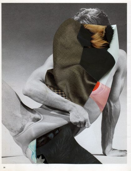Click for sizes / editions / prices. This image appears to be a mixed-media artwork that combines photography and collage. It depicts the torso of a person, but their head and part of their body are obscured by an array of eclectic textures and patterns. These include fabric, pearls, tartan, velvet, and abstract shapes in various colors such as pink, red, blue, and black. The combination of these elements creates a surreal, patchwork effect that contrasts sharply with the monochrome body in the background.