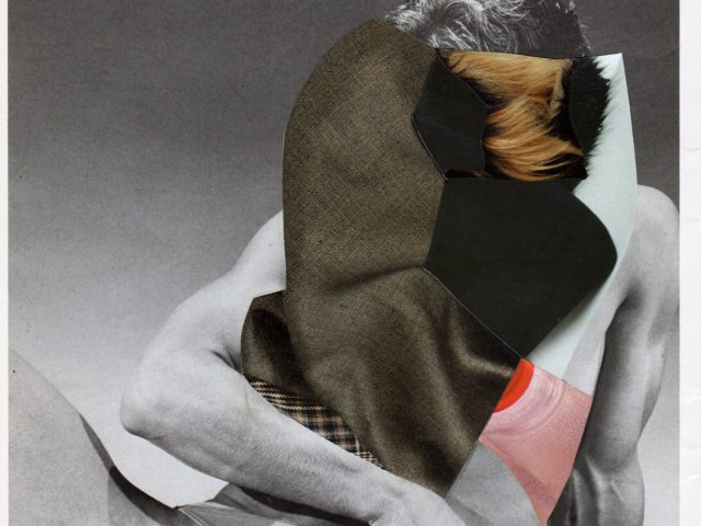 Click for sizes / editions / prices. This image appears to be a mixed-media artwork that combines photography and collage. It depicts the torso of a person, but their head and part of their body are obscured by an array of eclectic textures and patterns. These include fabric, pearls, tartan, velvet, and abstract shapes in various colors such as pink, red, blue, and black. The combination of these elements creates a surreal, patchwork effect that contrasts sharply with the monochrome body in the background.