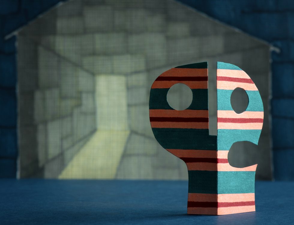 An image of various multicolored shapes against a geometric backdrop.