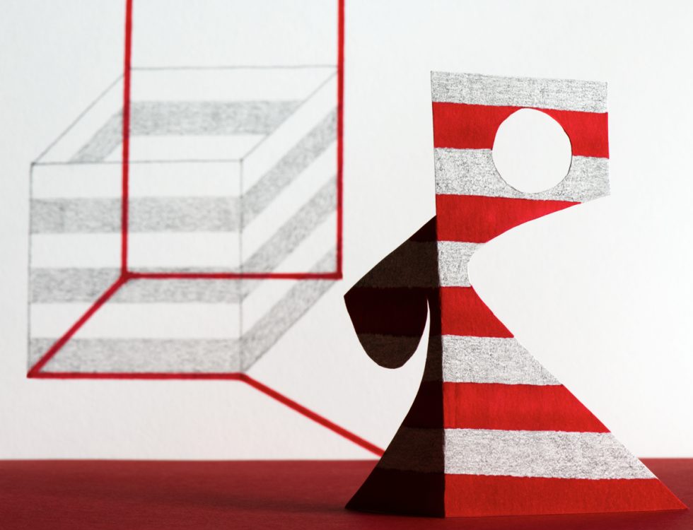 An image of various multicolored shapes against a geometric backdrop.