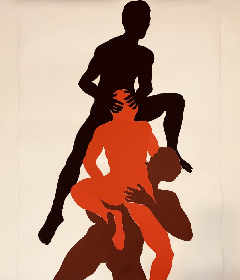 This is a colorful paper collage of a string of nude silhouettes.