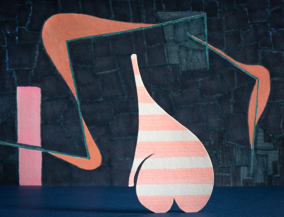 An image of various multicolored shapes against a geometric backdrop.