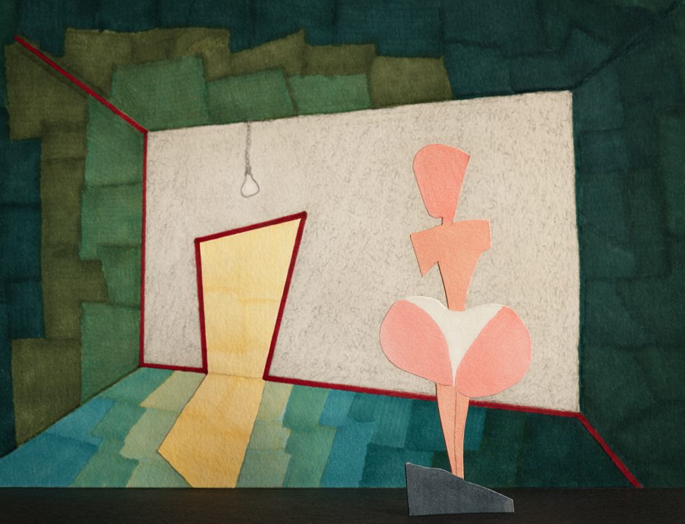 An image of various multicolored shapes against a geometric backdrop.