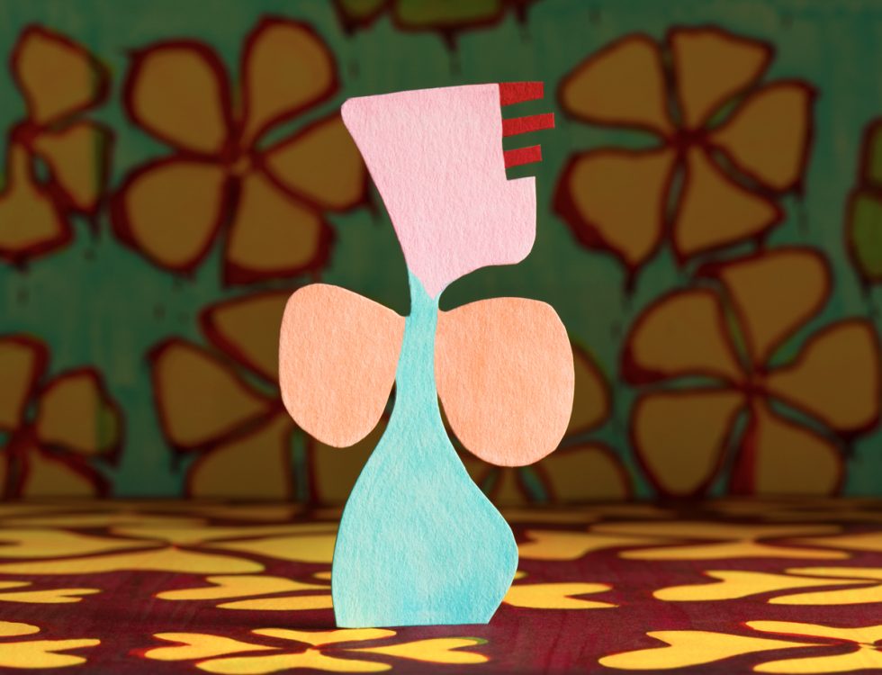 An image of various multicolored shapes against a geometric backdrop.