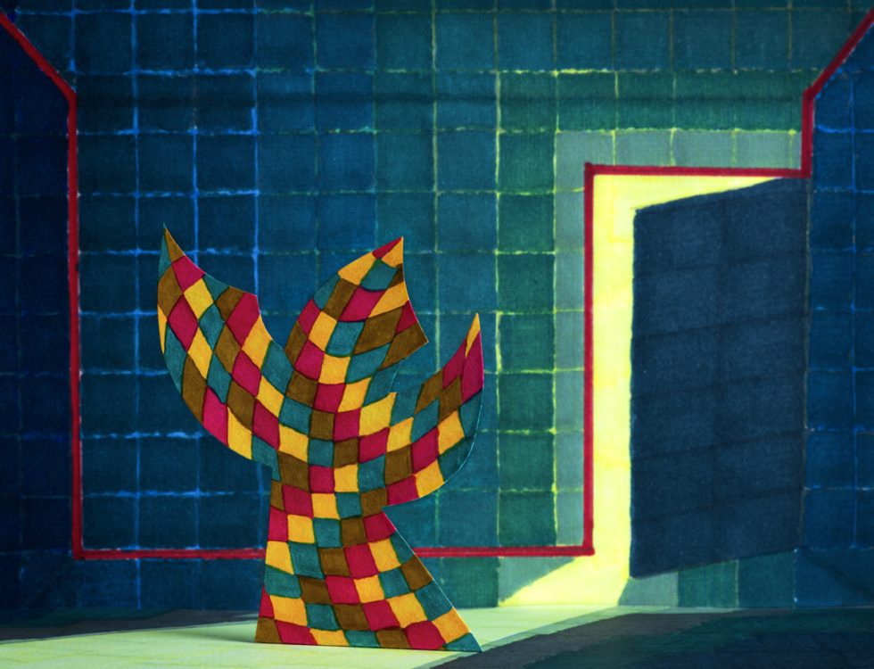 An image of various multicolored shapes against a geometric backdrop.