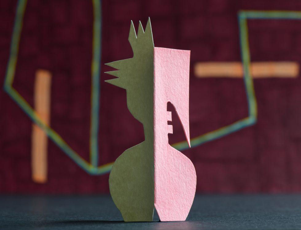 An image of various multicolored shapes against a geometric backdrop.