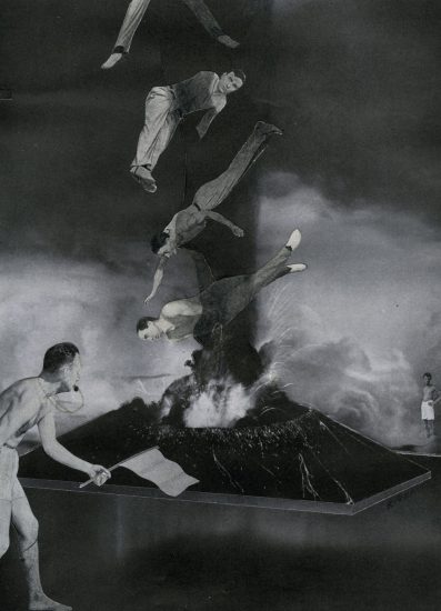 Click for sizes / editions / prices. This is a black-and-white photo collage of a male figure holding a flag with men tumbling through the sky.