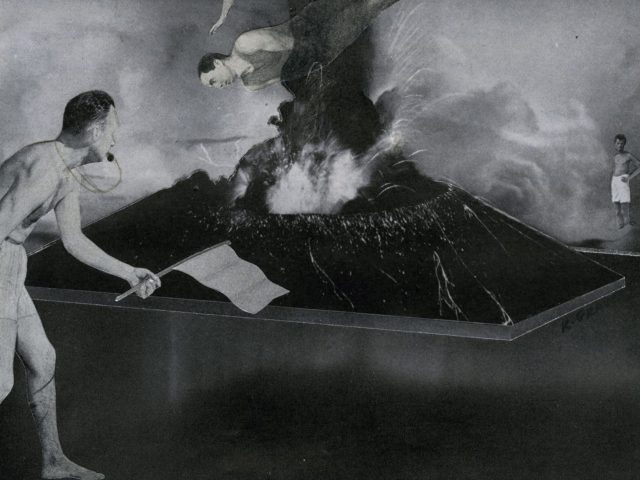 Click for sizes / editions / prices. This is a black-and-white photo collage of a male figure holding a flag with men tumbling through the sky.