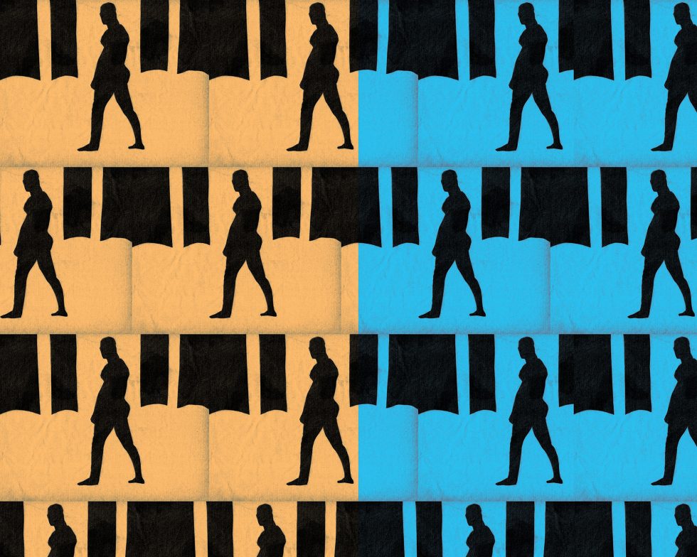 This is a collage with the silhouette of a nude man with blue and orange.