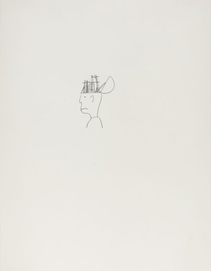 Click for sizes / editions / prices. A minimalist drawing of a head in profile with a mechanical structure emerging from the top, symbolizing the fusion of human thought and machinery.