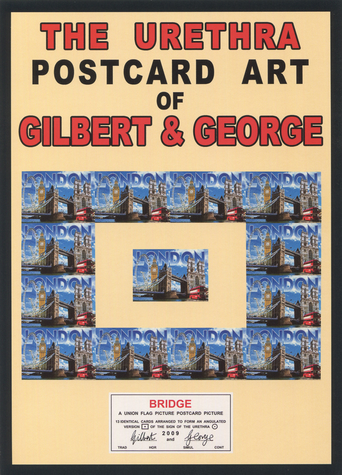 This is a postcard of an image of the London Bridge on a yellow background with get and black text overlayed.
