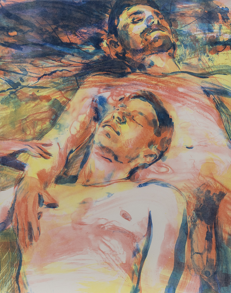 This is a colorful print of two nude men lying on their backs relaxing together.