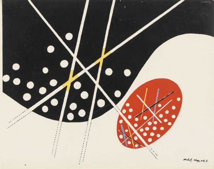 This is an abstract black and white and red screenprint.