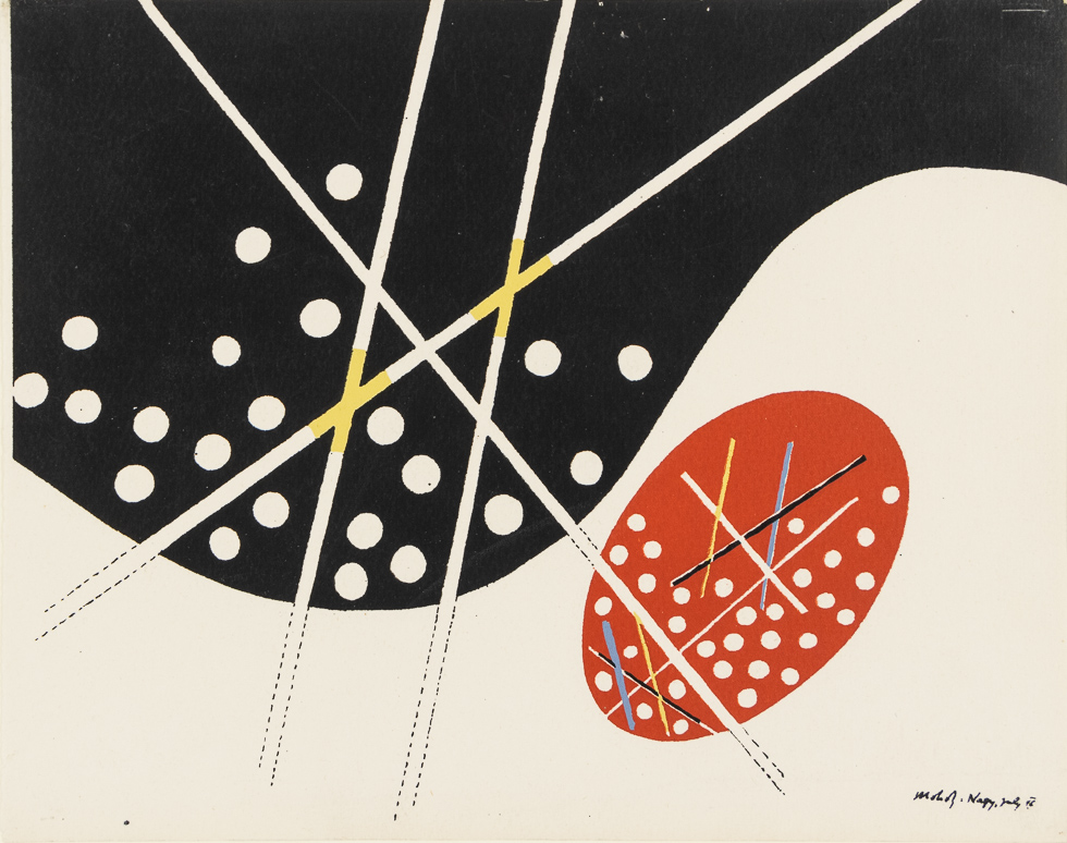This is an abstract black and white and red screenprint.