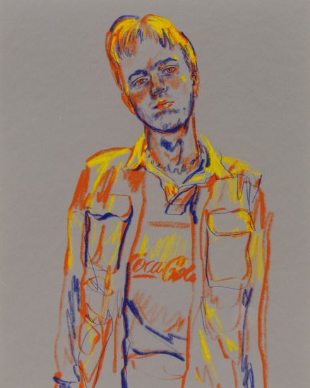 Click for sizes / editions / prices. This is a colorful drawing of a young man.