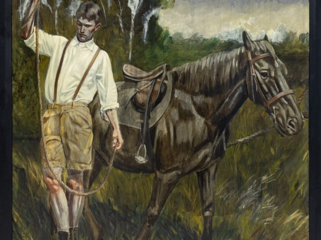 A painting with a man in tan shorts white shirt and suspenders holding a rope attached to a brown stallion in a field.