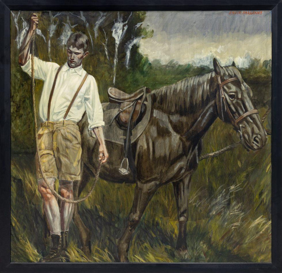 A painting with a man in tan shorts white shirt and suspenders holding a rope attached to a brown stallion in a field.