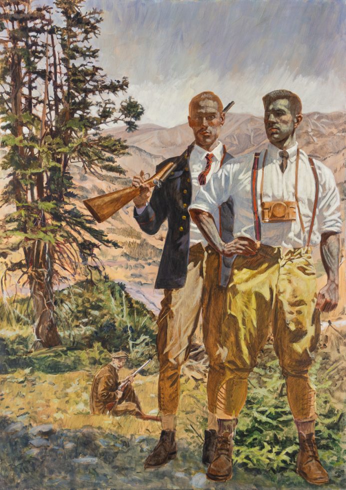 An oil painting of two men standing in a field, with one man behind them.