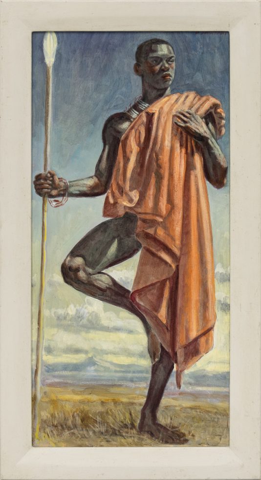 A painting of an African man on one foot wearing a saffron cape.