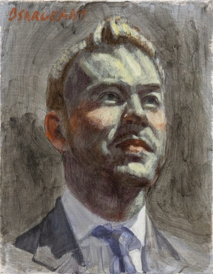 Click for sizes / editions / prices. A painted portrait of a man in a blue tie and white shirt.