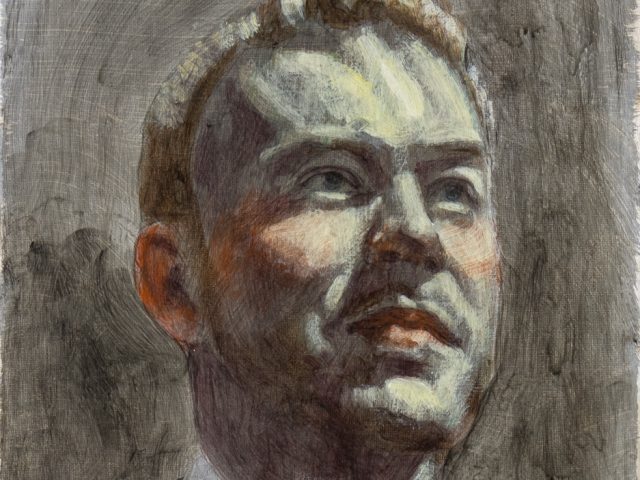 Click for sizes / editions / prices. A painted portrait of a man in a blue tie and white shirt.
