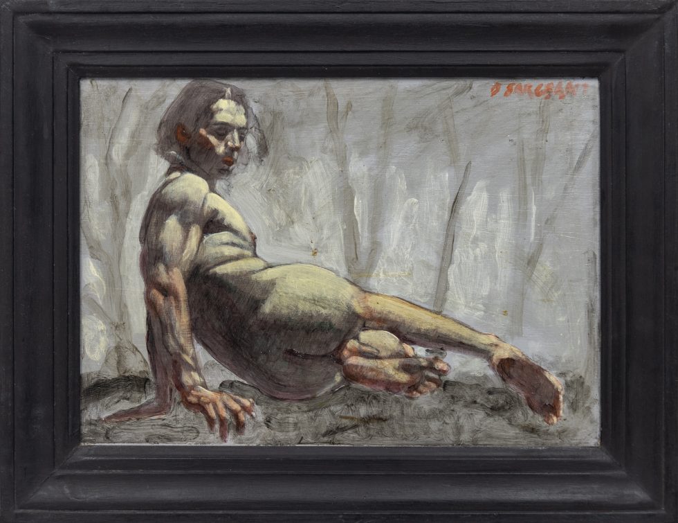 A painting displayed in a black frame depicting a nude man reclining on his hip with his backside facing the viewer.