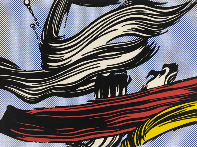 Pop art style painting featuring thick, dynamic brushstrokes in black, white, and red.