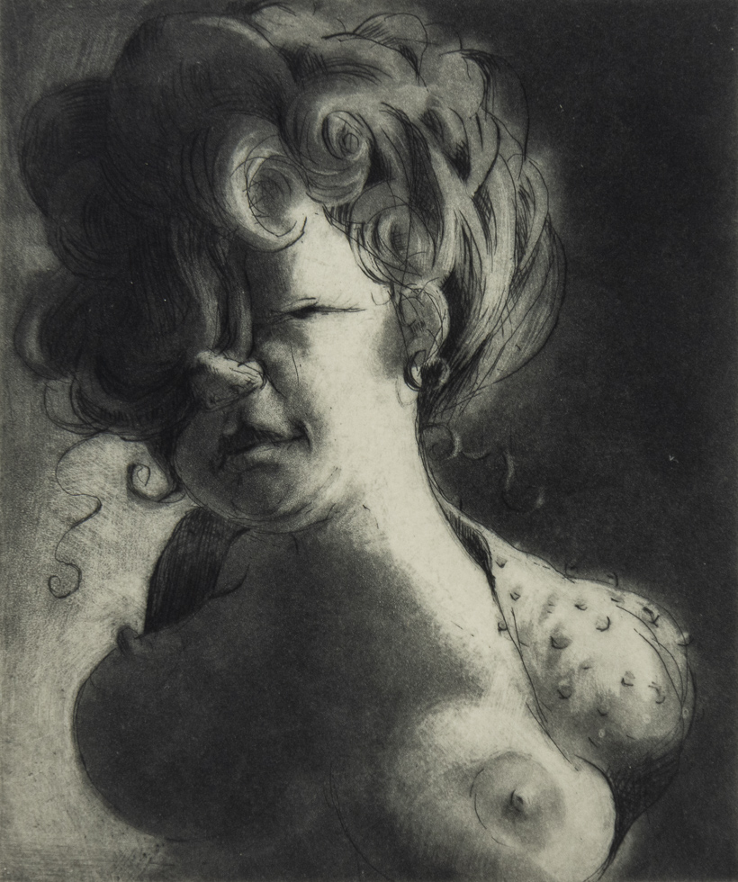 Etching of a stylized female figure with exaggerated features and a textured surface, blending surrealism and introspective emotion in a monochromatic palette