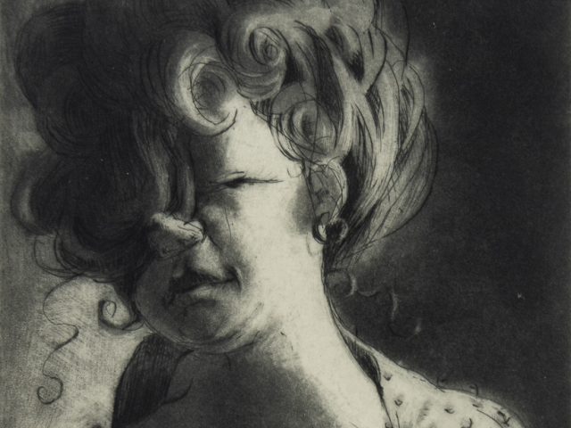 Etching of a stylized female figure with exaggerated features and a textured surface, blending surrealism and introspective emotion in a monochromatic palette