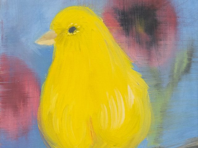 An impressionist-style painting of a bright yellow canary perched on a branch, with a colorful abstract background.