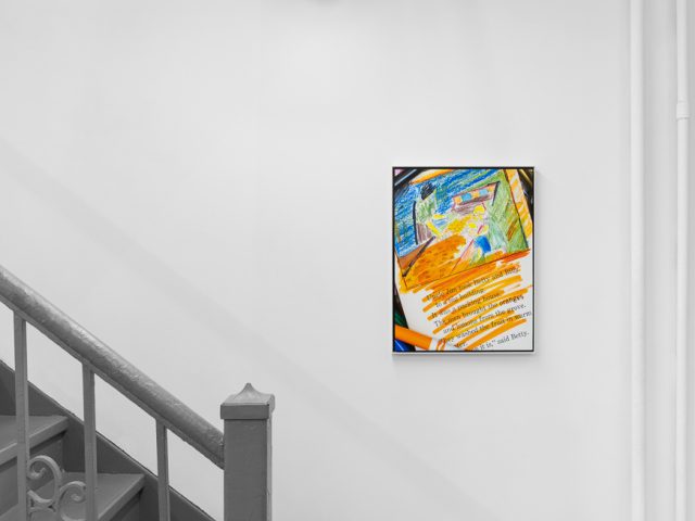 A modern art gallery displays a vintage orange advertisement alongside other artworks, possibly with a Florida theme.