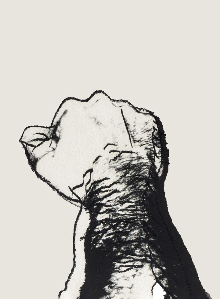 A black-and-white image of a drawing of a man's fist against a cream-colored background.