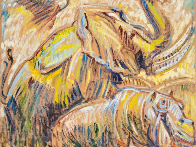 A colorful painting of various animals including an elephant and hippo.