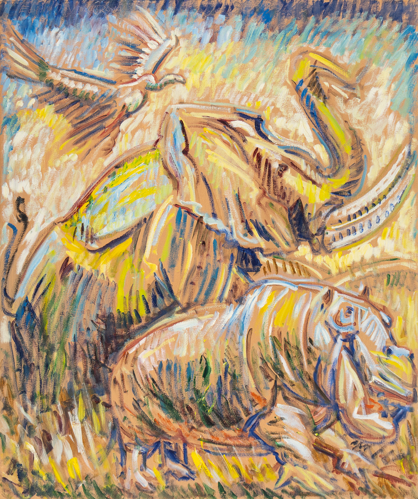 A colorful painting of various animals including an elephant and hippo.