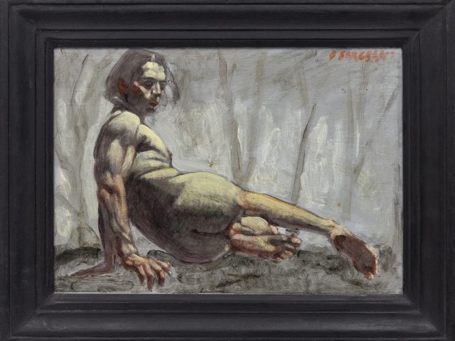 Oil painting of a reclining male nude with muscular form, leaning back on one arm. The figure's body is illuminated against a muted, textured background.