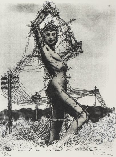 Click for sizes / editions / prices. A black-and-white artwork depicting a surreal figure merging with a web of wires and telegraph poles. The central figure, resembling a nude human, is intertwined with chaotic lines and cables, giving the impression of being restrained or fused with the electrical structures. The background features a barren landscape with additional poles connected by wires. The composition evokes themes of entanglement, technology, and confinement.