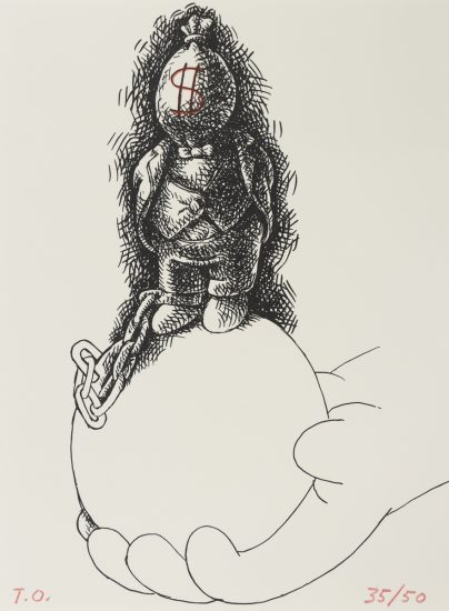 Click for sizes / editions / prices. A figure of a chubby monopoly man with a money sack for a head is chained to a large ball in a cartoon like hand.