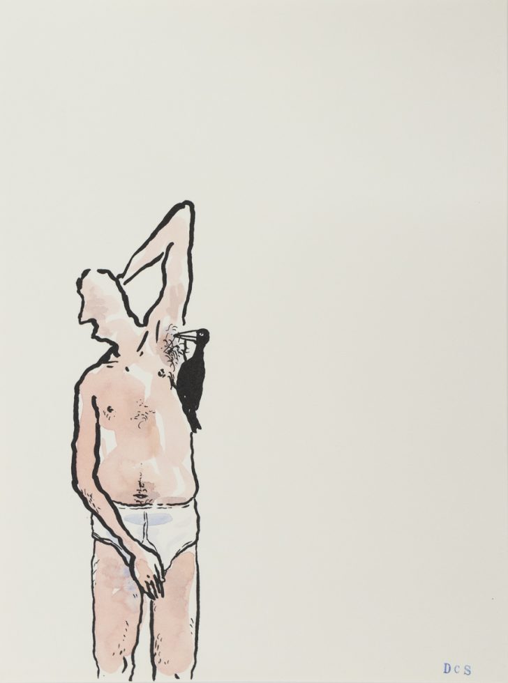 Minimalist watercolor of a siberian cat in briefs, arm raised, with a black bird perched under his arm; plain white background and bold outlines.