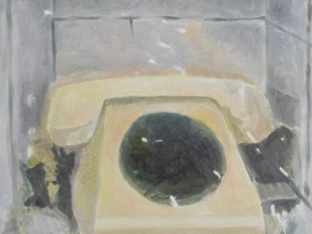 Expressionistic painting of a vintage rotary phone in muted tones, with soft brushstrokes and a nostalgic, contemplative atmosphere against tiled walls.