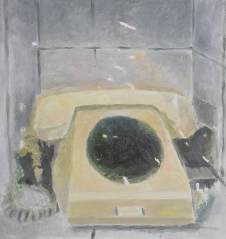 Expressionistic painting of a vintage rotary phone in muted tones, with soft brushstrokes and a nostalgic, contemplative atmosphere against tiled walls.