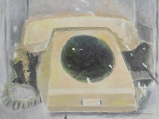 Expressionistic painting of a vintage rotary phone in muted tones, with soft brushstrokes and a nostalgic, contemplative atmosphere against tiled walls.