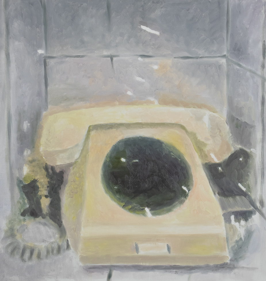 Expressionistic painting of a vintage rotary phone in muted tones, with soft brushstrokes and a nostalgic, contemplative atmosphere against tiled walls.