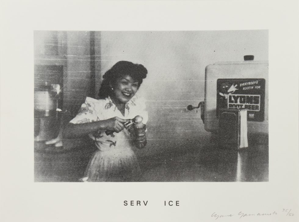 Grainy black-and-white image of a smiling woman scooping ice cream, captioned "SERV ICE," with retro aesthetics and subtle social commentary.